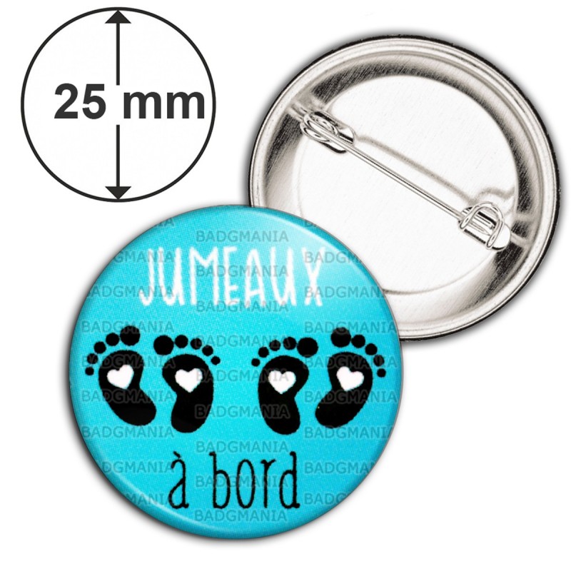 Badge 25mm Epingle Jumeaux A Bord Pieds Bebe Fond Bleu