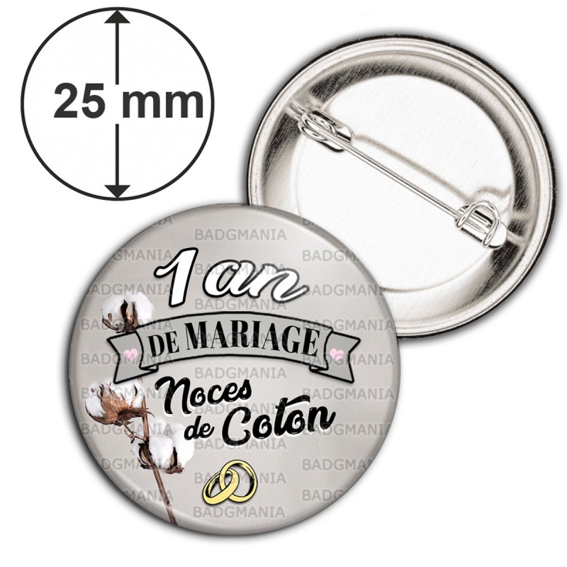 Badge 25mm Epingle 1 Ans De Mariage Noces De Coton Anneaux Anniversaire Mariage