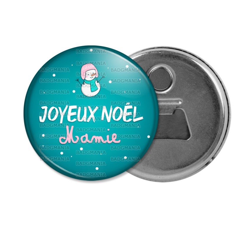 Decapsuleur 6cm Aimant Magnet Joyeux Noel Mamie Bonhomme De Neige Flocons Fond Bleu